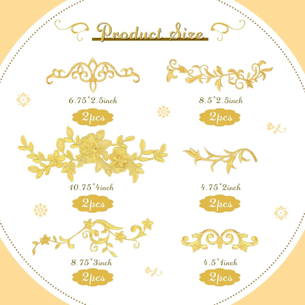 6 Pairs Gold Flower Embroidery Patches for Sewing Craft Decoration