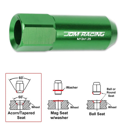 20Pc M12X1.25 Green JDM Open End Aluminum Hex Lug Nuts + Spline Lock + Key