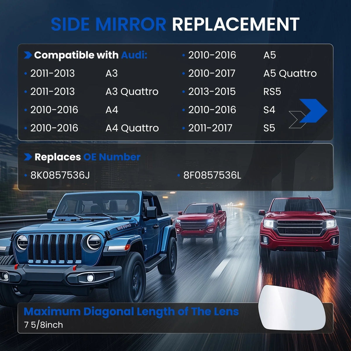 Passenger Right Side Convex Mirror Glass for Audi A5 Quattro (2010–2017)