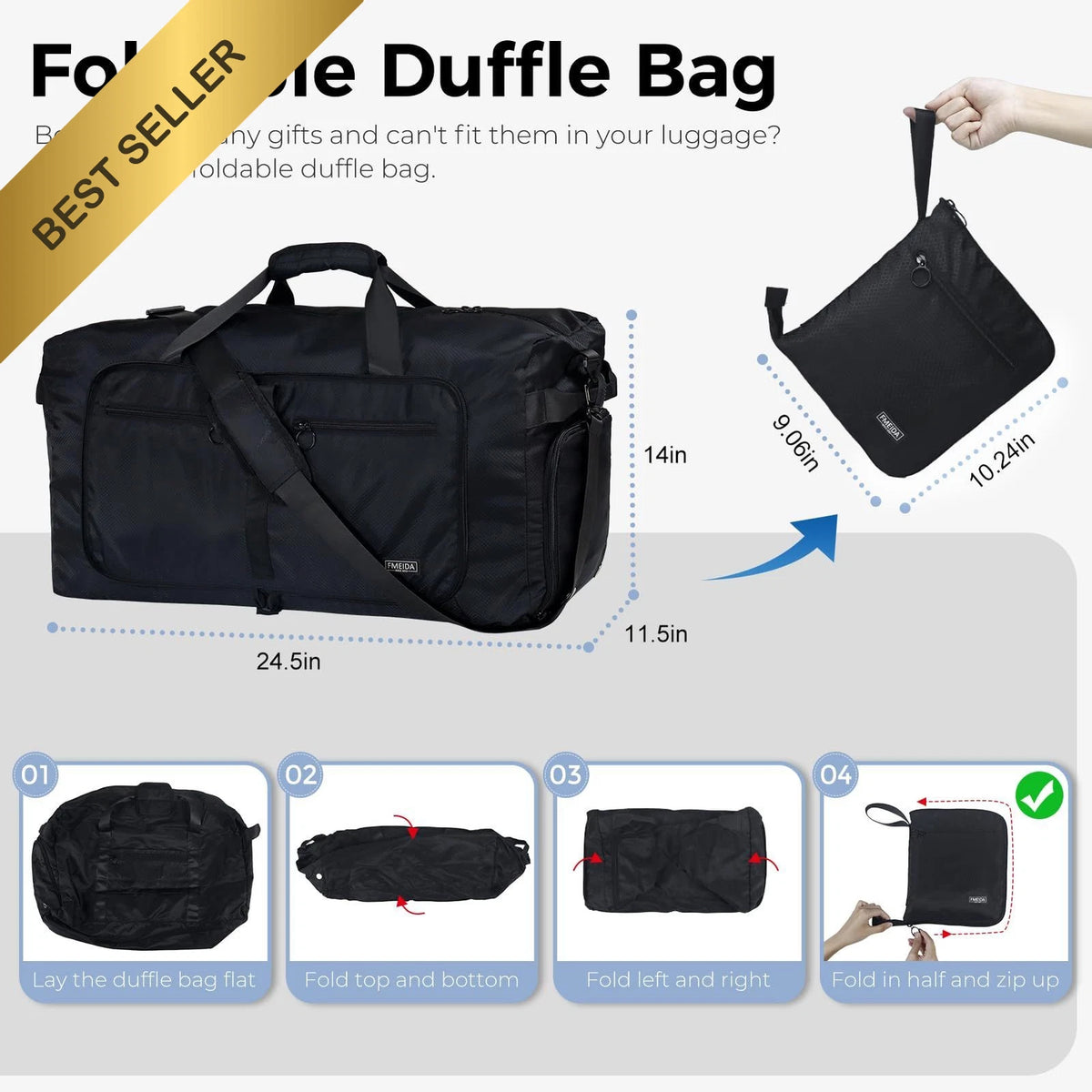 65L Duffle Bag with Shoes Compartment for Travel (Men Women) Black