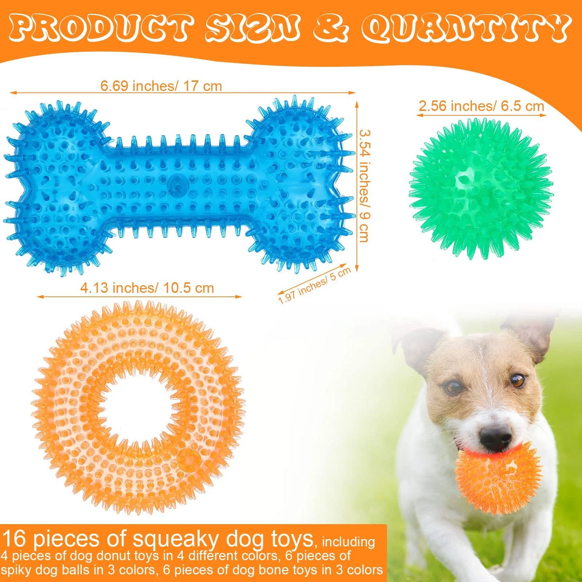 16 Pcs Dog Squeaky Toys Set for Dogs - Spiky, Donut, Bone, Teething