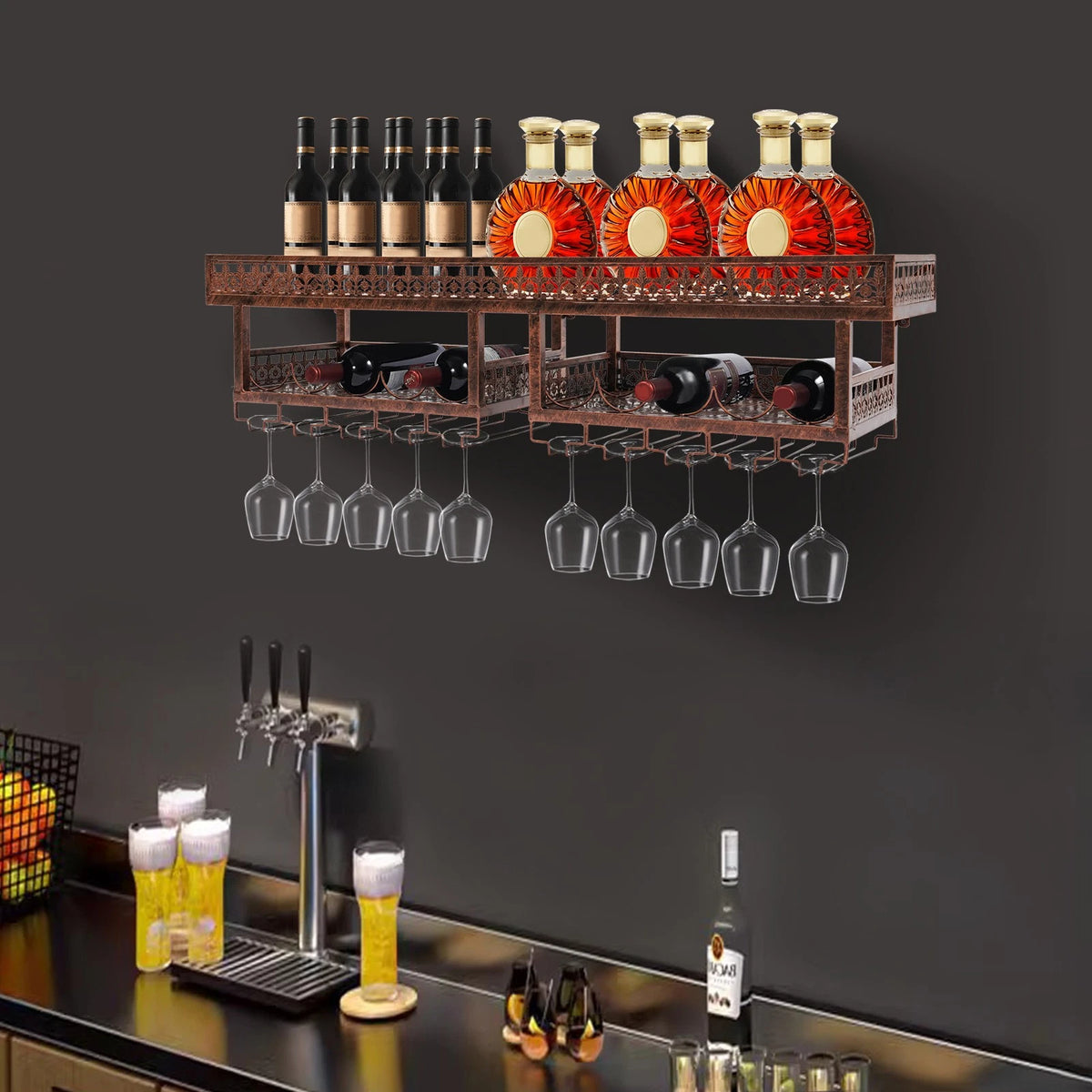 Wall Mounted Iron Industrial Wine Rack for Home Bar