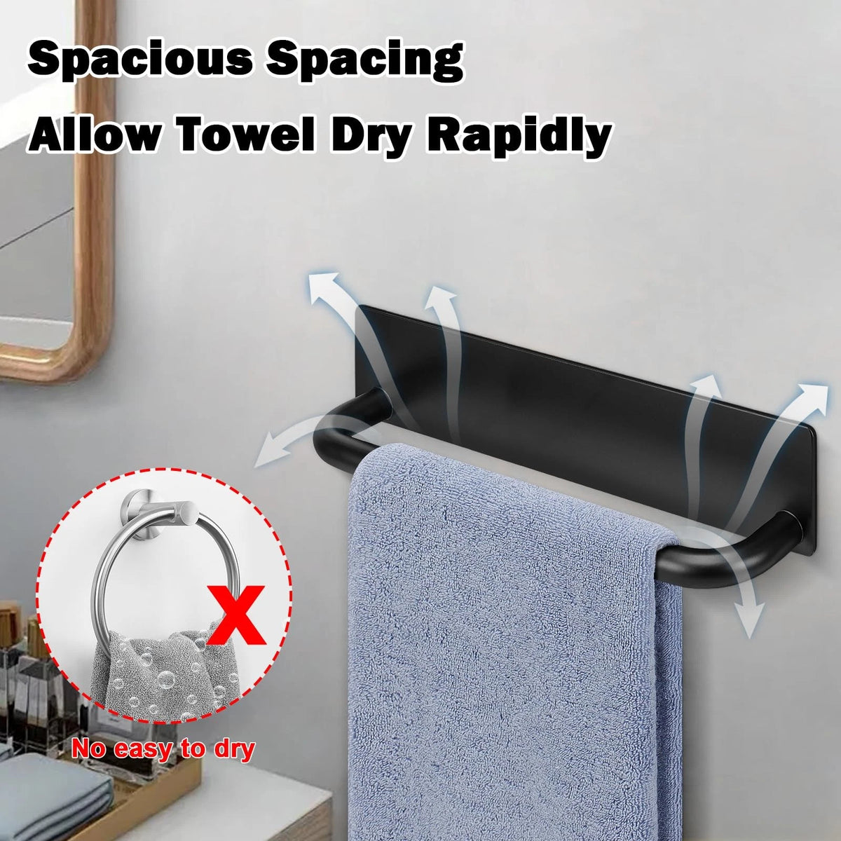 Self Adhesive Hand Towel Holder for (9 inches, Black)