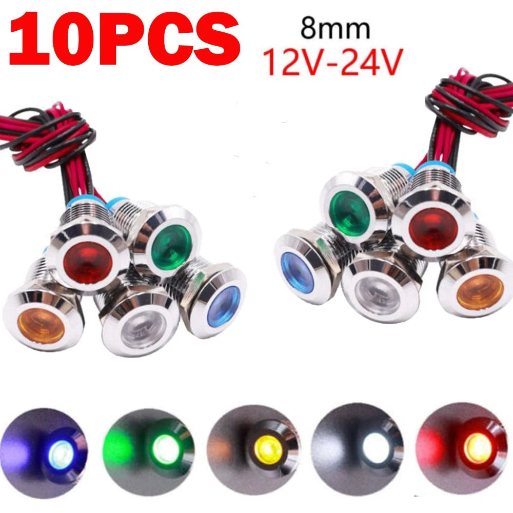 10-Pack 8mm 12/24V 1/2" LED Metal Indicator Light Signal Lamp Waterproof