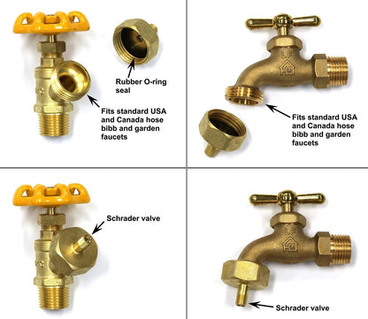 Tire Inflation Schrader Valve for Garden Hose 3/4 Inch, Brass
