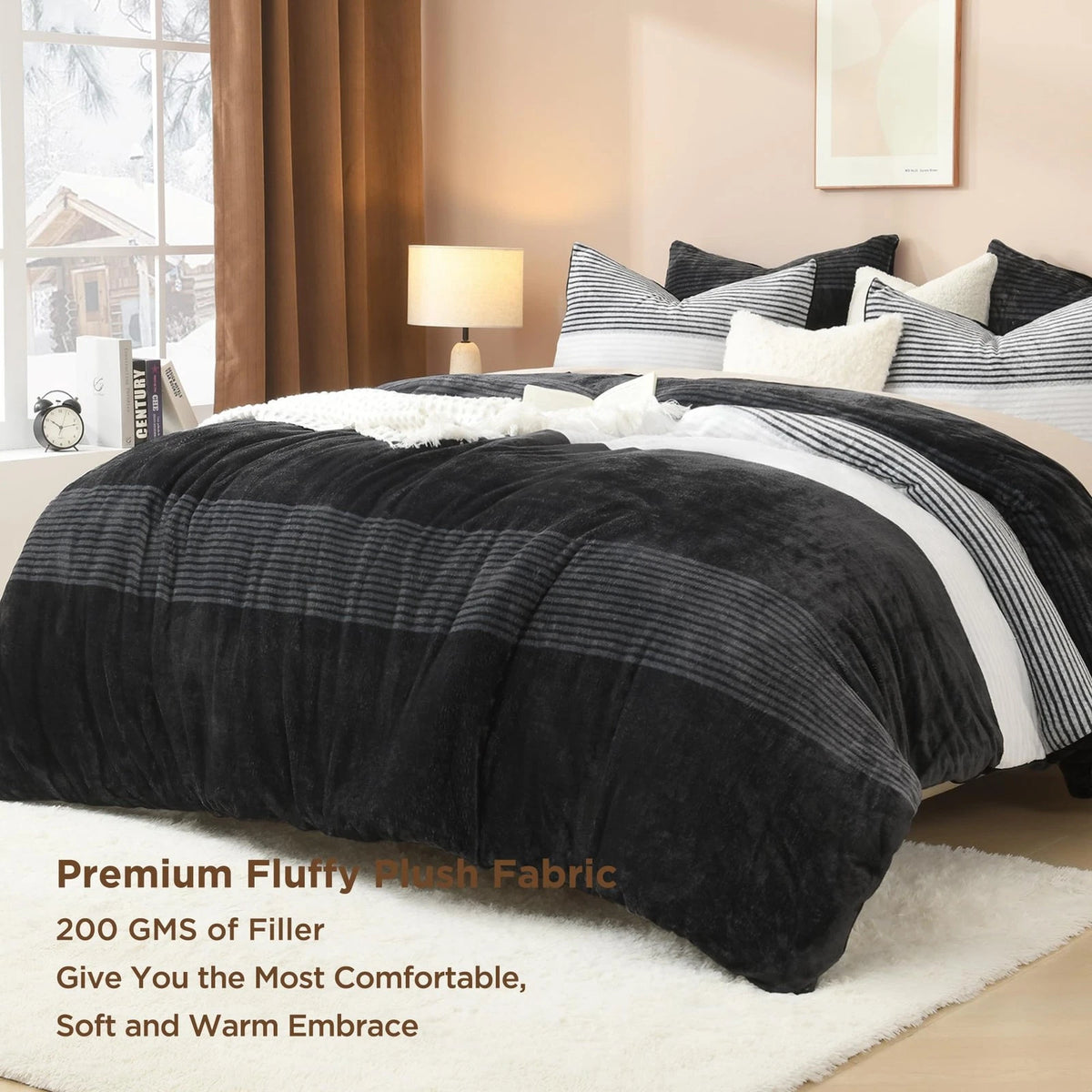 Set of 2 Fluffy Fleece Comforters for King Size (Luxury Soft Plush Black)