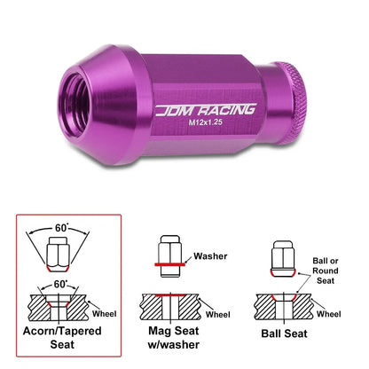 20Pc M12X1.25 Purple JDM Open-End Acorn Hex Wheel Lug Nuts + Extension 25mmx50mm