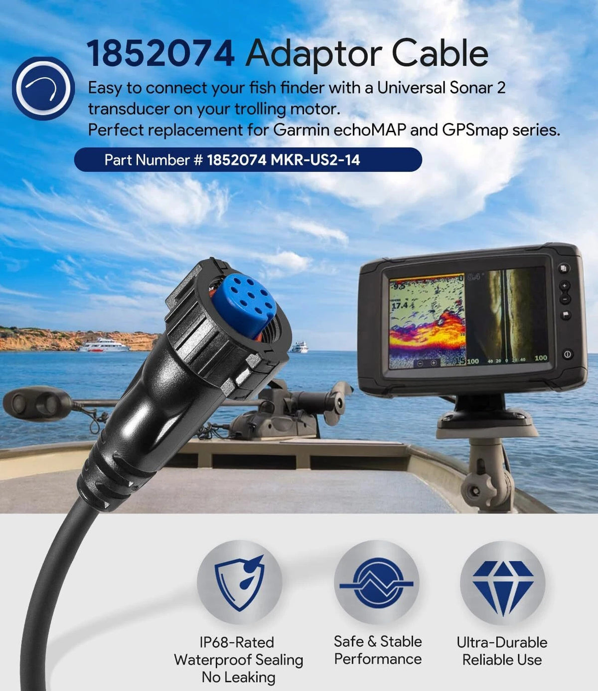 2X 8-Pin Adaptor Cable for Garmin echoMAP, GPSmap Fishfinder (1852074, MKR-US2-14)