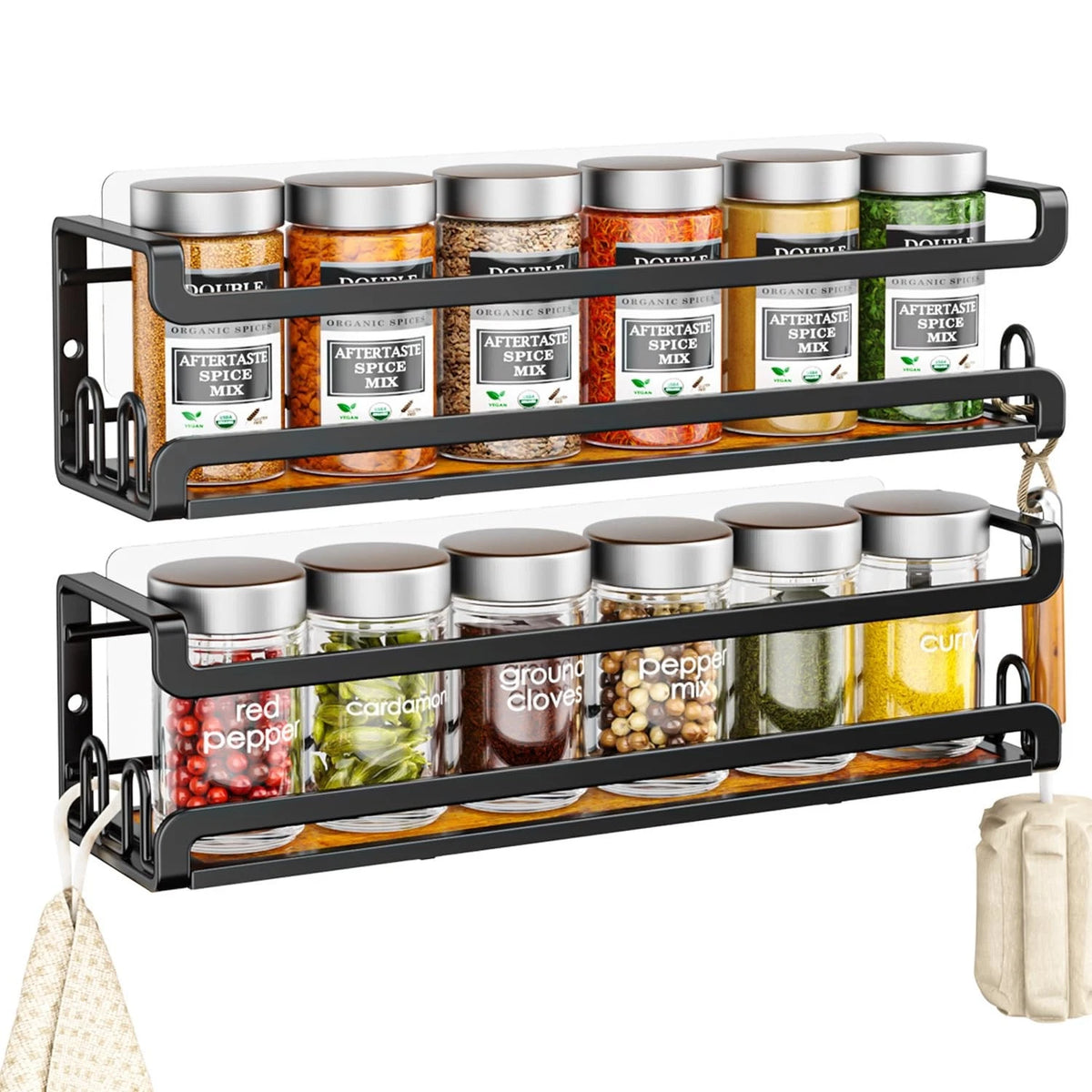 Set of 2 Wall Mounted Spice Racks with 16 Hooks, Rustic Wood, Black