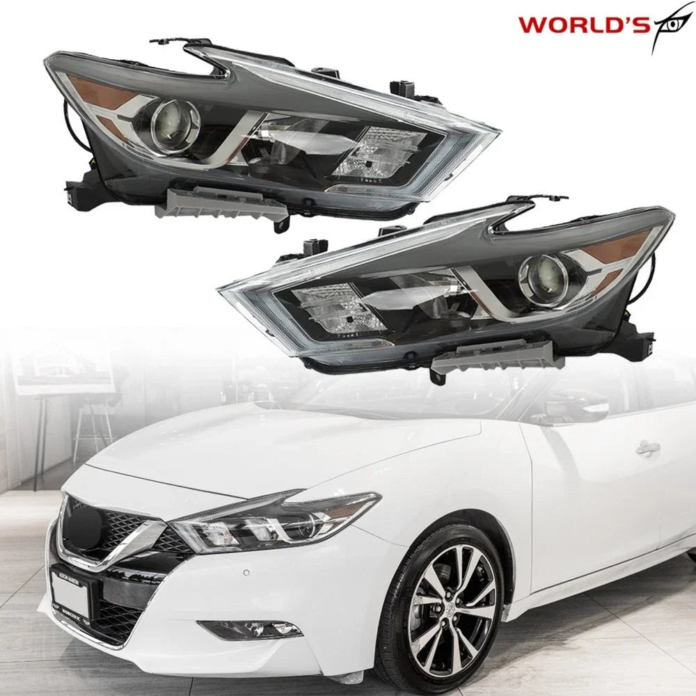 Set of 2 Black Halogen Headlights with LED DRL for Nissan Maxima (2016–2018)