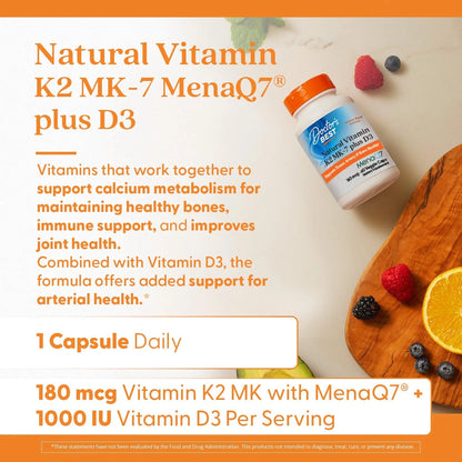 Natural Vitamin K2 MK-7 Plus D3 for Health Supplement (60 Count)