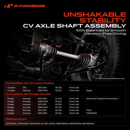 Front Left CV Axle Assembly for Dodge Journey, Chrysler 200 (2009–2019) - 5273545AC, 5273545AD, 5273545AE, 68067361AA, 66-3521