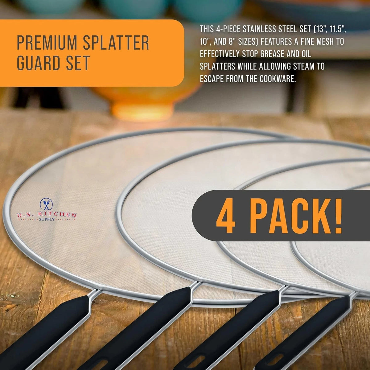 4-Piece Stainless Steel Splatter Guard Set (13", 11.5", 10")