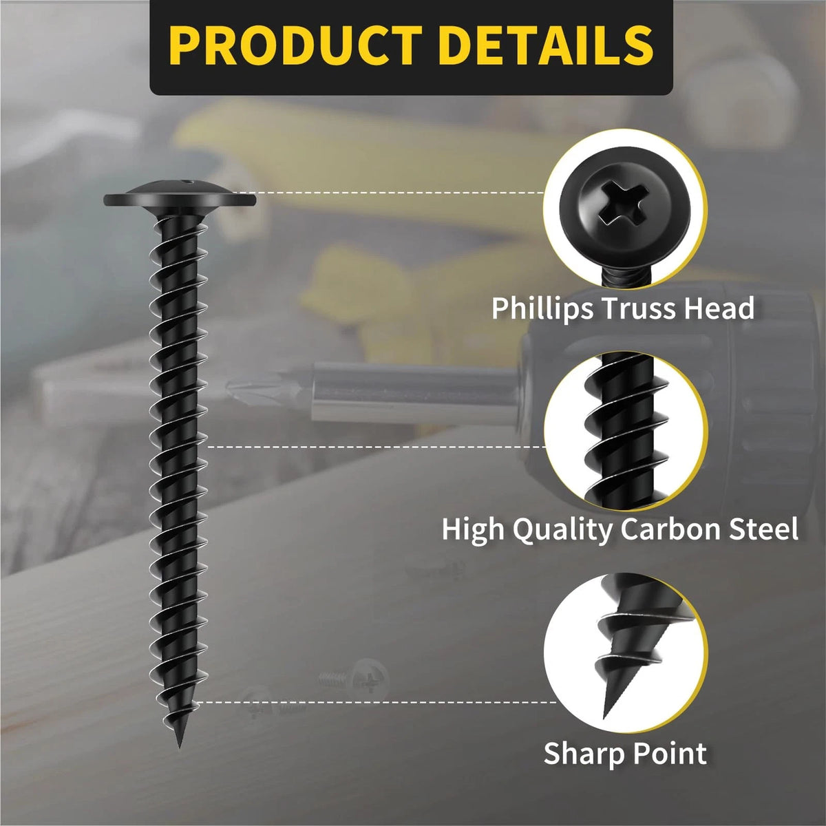 1 1/2 Inch Wood Screws (Set of 70) Truss Head Black Self Tapping