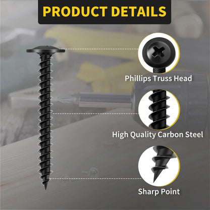 1 1/2 Inch Wood Screws (Set of 70) Truss Head Black Self Tapping