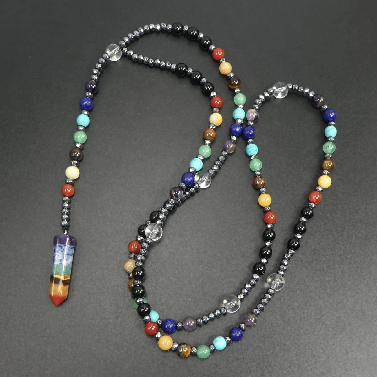 7 Chakras Crystal Point Pendant Necklace 30” Long Multicolor Gemstone