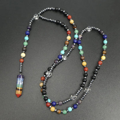 7 Chakras Crystal Point Pendant Necklace 30” Long Multicolor Gemstone