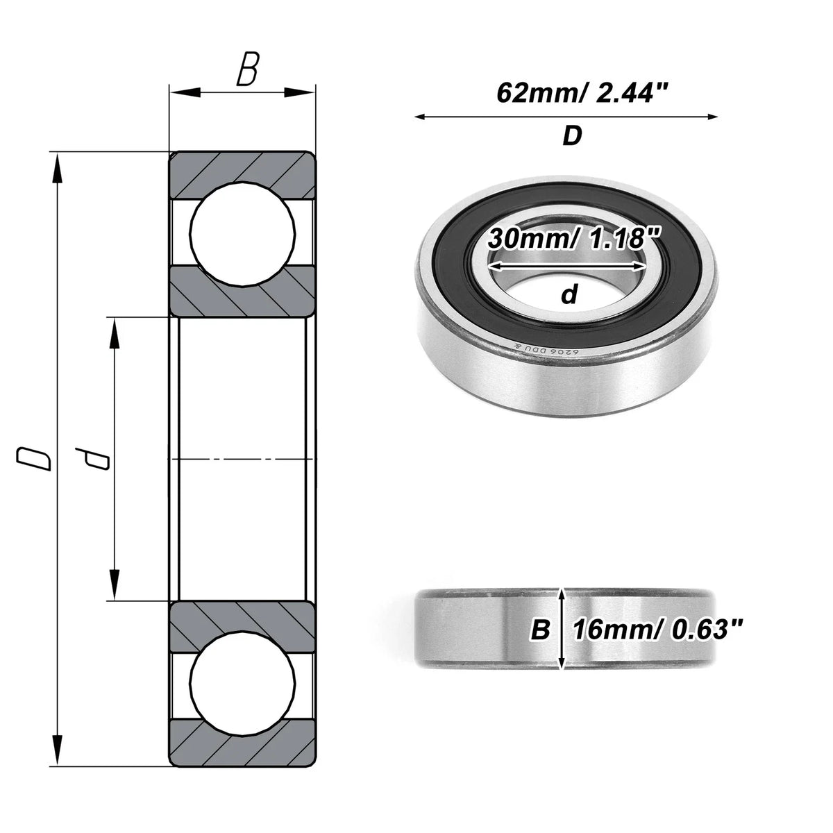 6206DDU Deep Groove Ball Bearing for Scooter Skateboard Wheel (30x62x16mm)