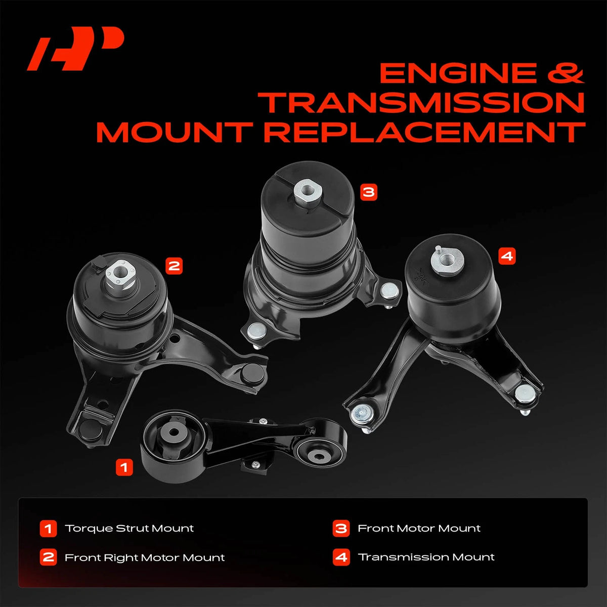 Set of 4 Engine Motor & Trans. Mounts for Toyota Camry (2012–2017) 123720H090, 123720P010, 1237228200, 123630V031, 123630V070