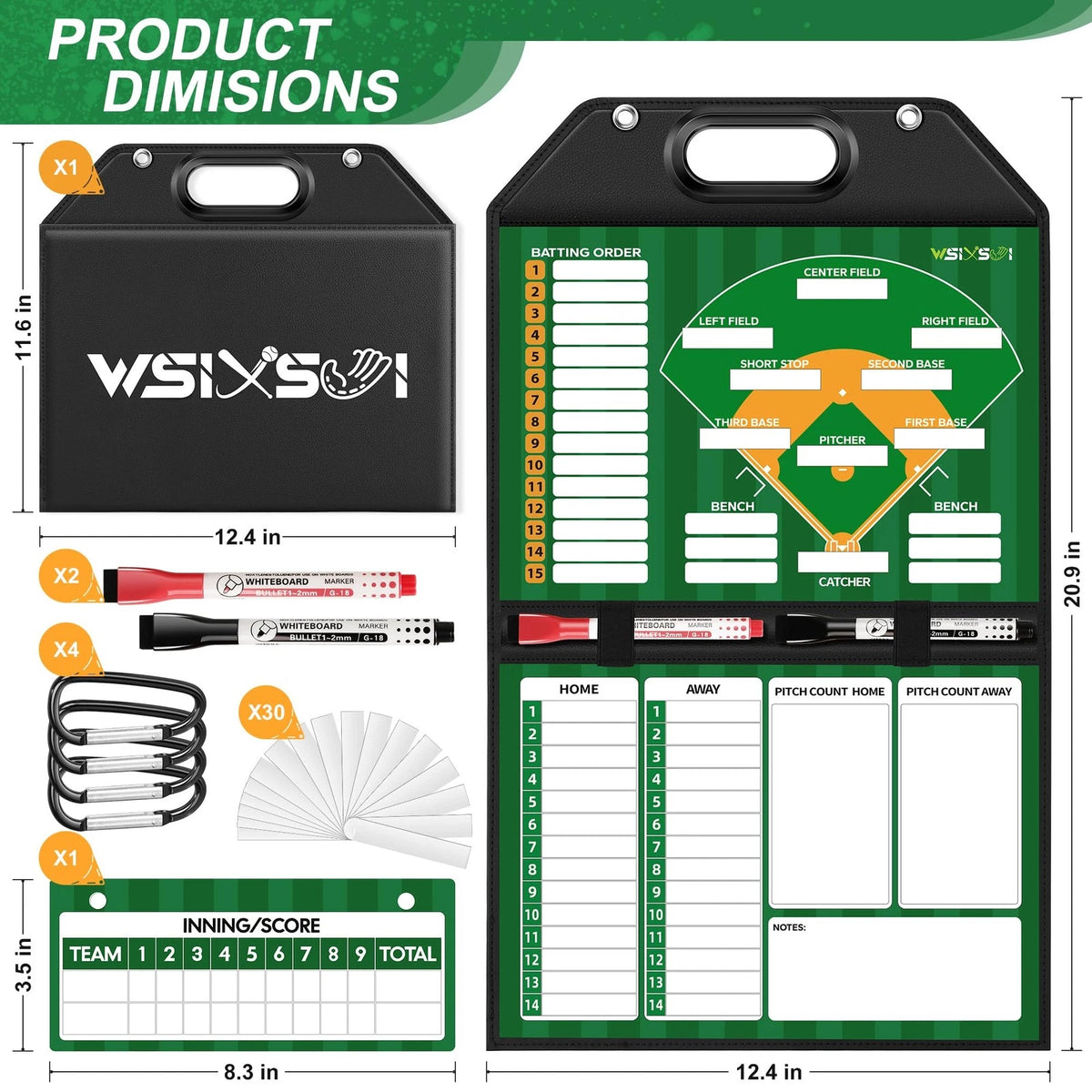 Magnetic Baseball Lineup Board for Dugout (12"W x 1"H, Black)