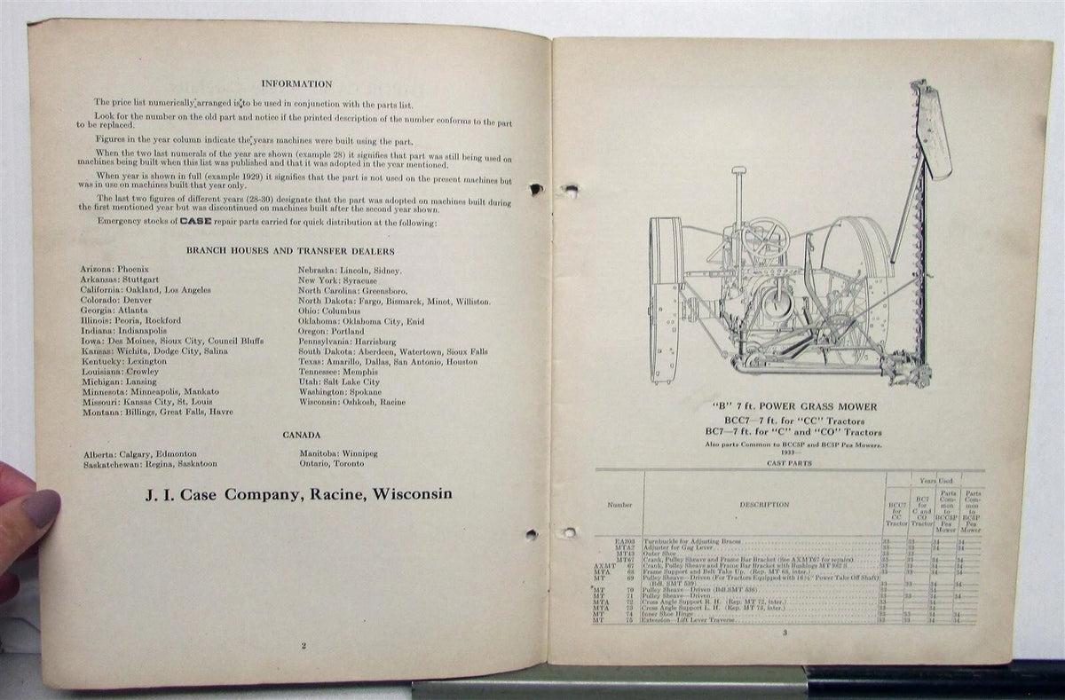 Power Mowers Parts Catalog for Case A&B Series (1936)