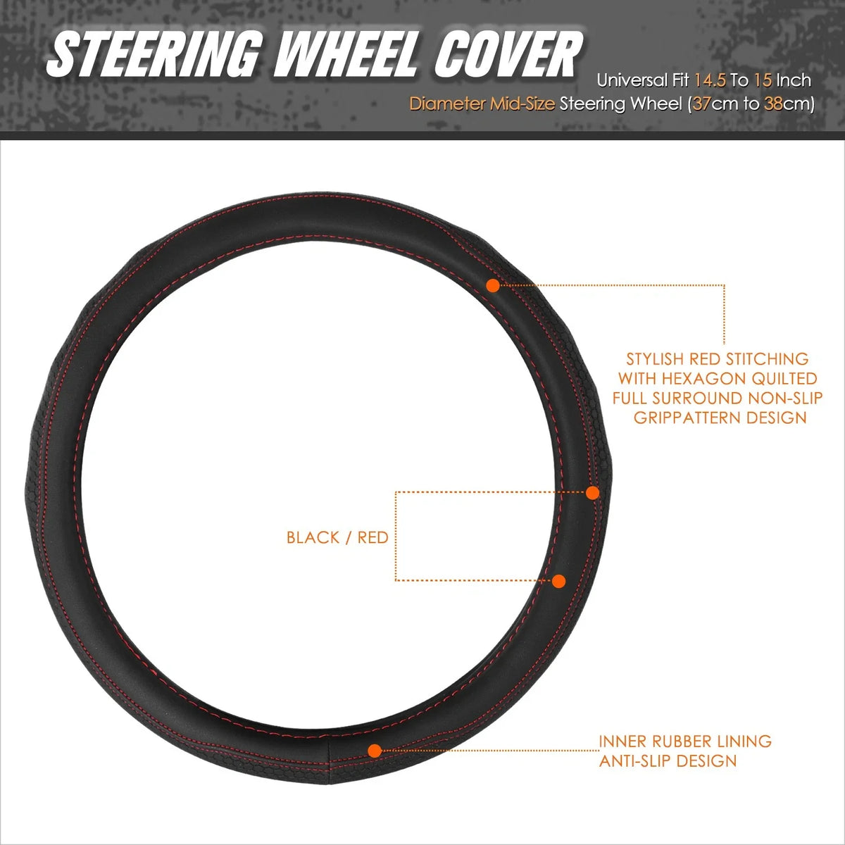 Steering Wheel Cover for Universal Fit (14.5-15") - Black Hexagon, Red Stitching