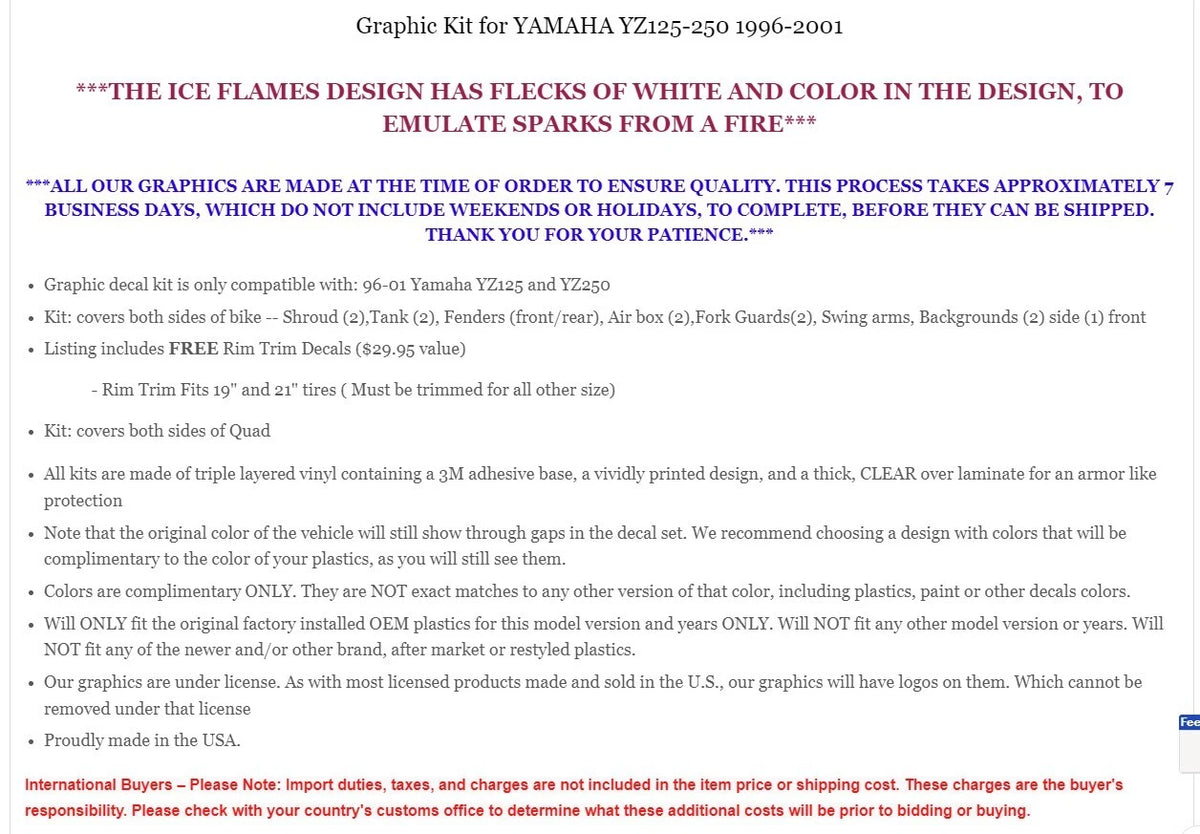 Graphic Decal Sticker for Yamaha YZ125 YZ250 (1996–2001)