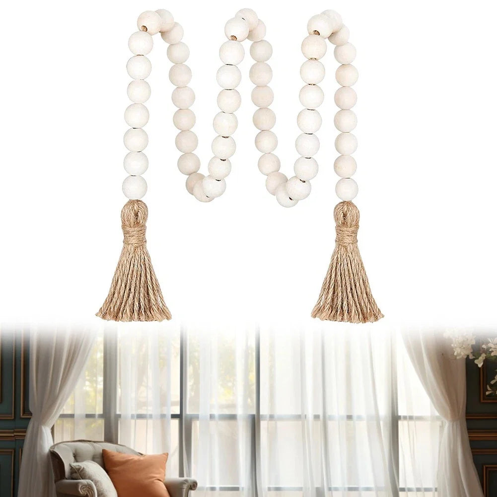 Set of 2 Rustic Wooden Bead Curtain Tiebacks with Tassels for Indoor/Outdoor