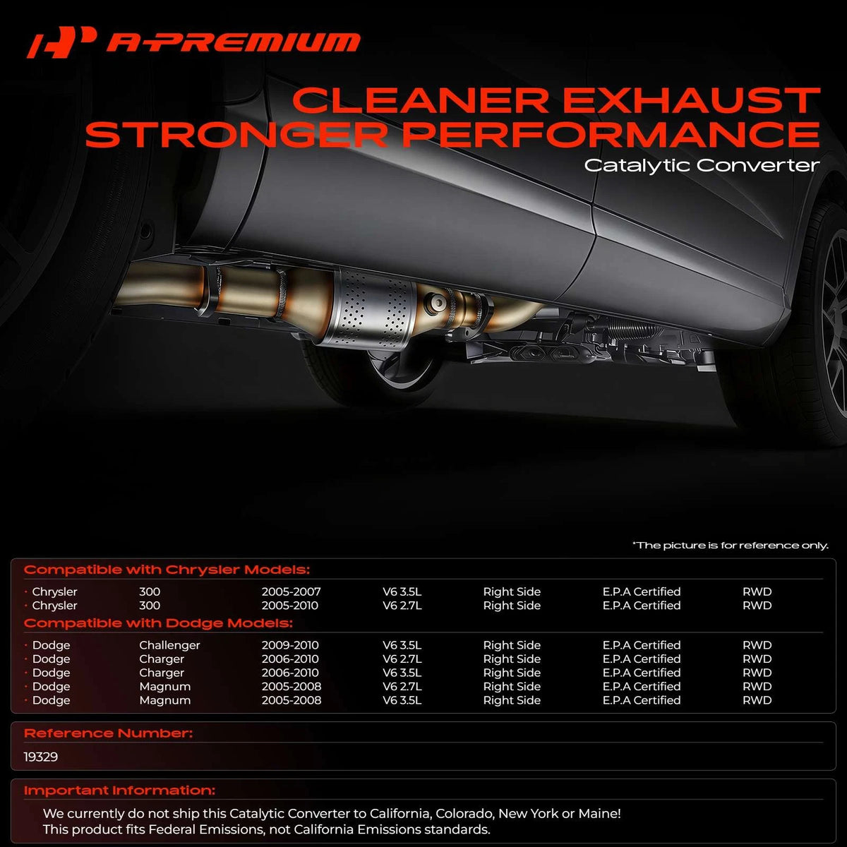 Right Catalytic Converter for Dodge Charger Challenger Chrysler (2006–2010) 19329