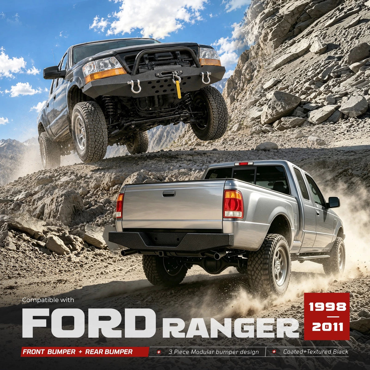 Modular Front Winch Bumper with Bull Bar & Rear Bumper for Ford Ranger (1998–2011) CON-A000000287