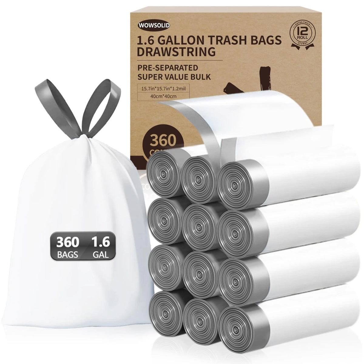 360 Count Mini Drawstring Trash Bags 1.6 Gallon (Pack of 360)