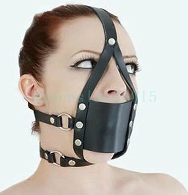 PU Leather BDSM Head Harness Face Mask with Open Mouth Gag Restraint