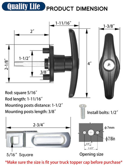 T-Handle Lock Latch Replacement for Truck Cap Camper Shell