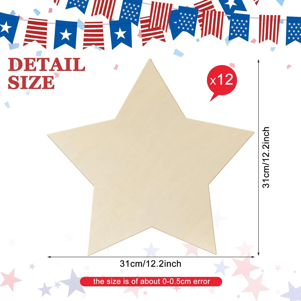 12 Inch Wooden Star Ornaments for Crafts (4th of July)