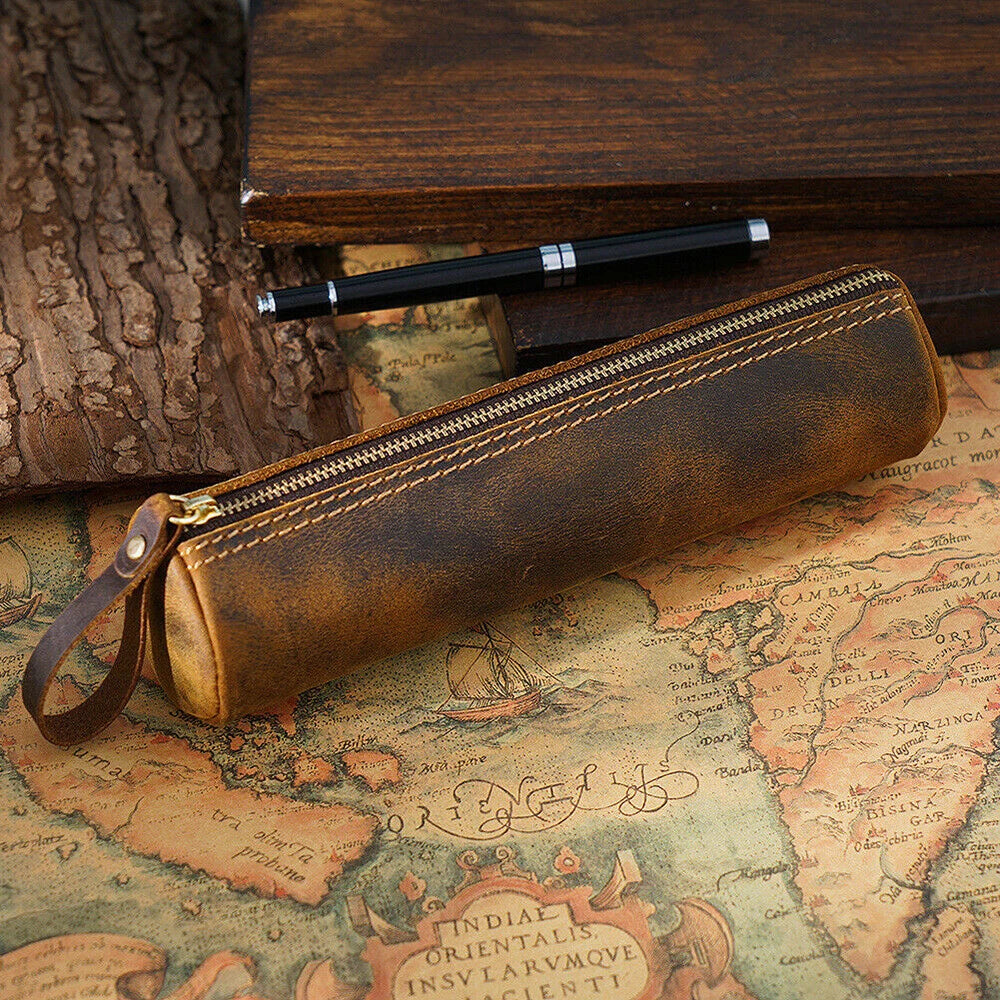 Leather Pen Pouch Zipper Case for Handmade Cowhide Stationery (US)