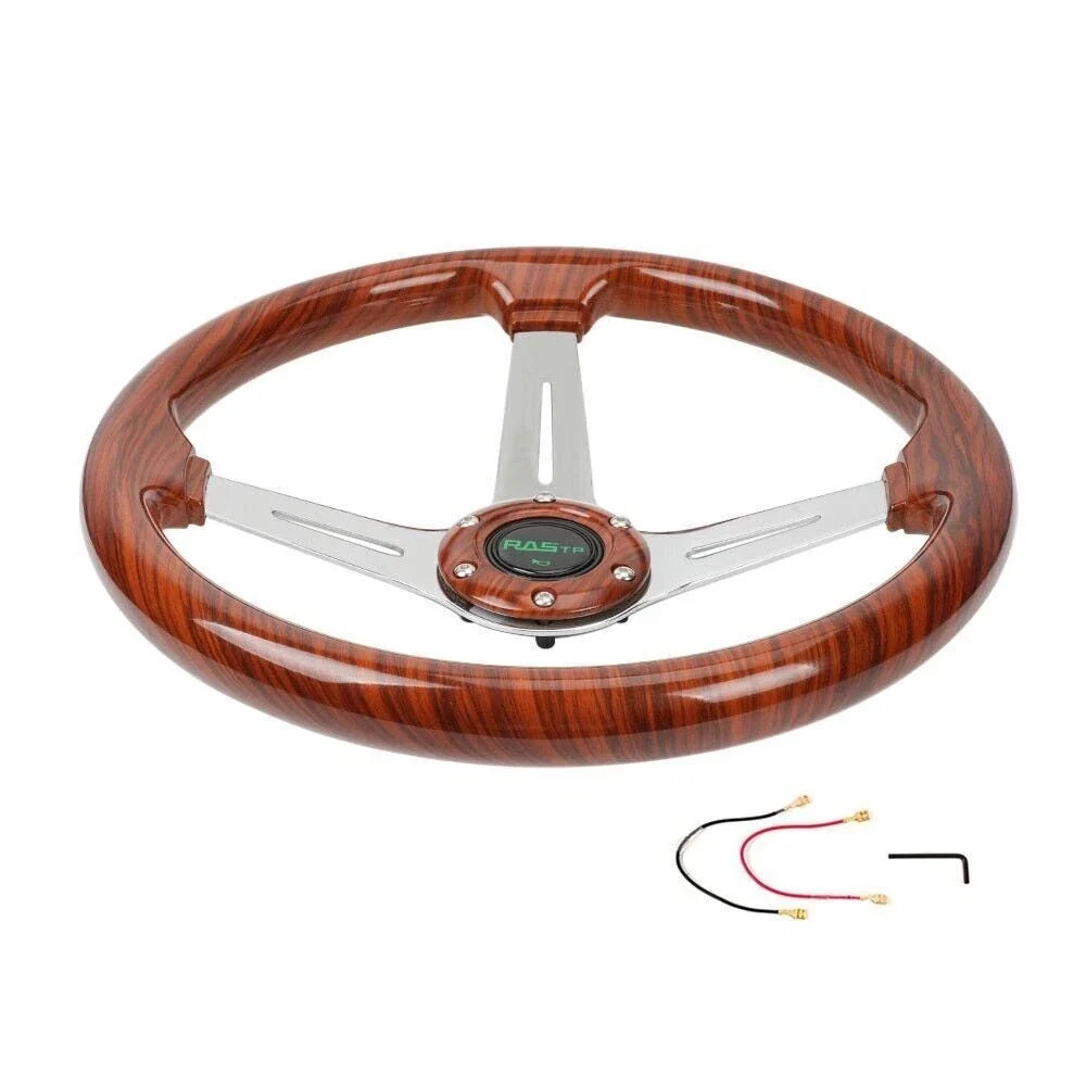 14'' Wooden Steering Wheel for Universal Fit (Wood Grain, Chrome Spoke)