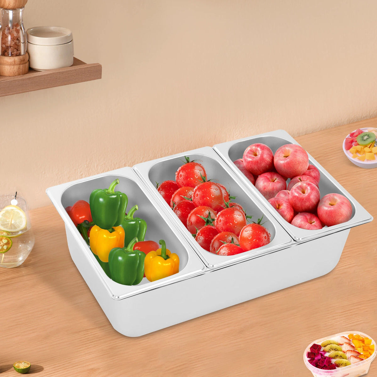 Three-Compartment Fruit Pan with Acrylic Lids for Food Storage