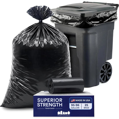 25X Plastic Garbage Can Liners for 95-96 Gallon Cans (Black)