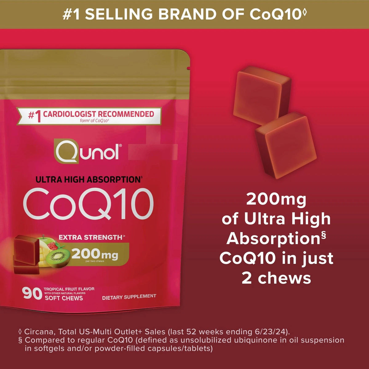 Qunol CoQ10 200mg Soft Chews for Extra Strength (90 Count)
