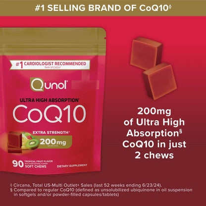 Qunol CoQ10 200mg Soft Chews for Extra Strength (90 Count)