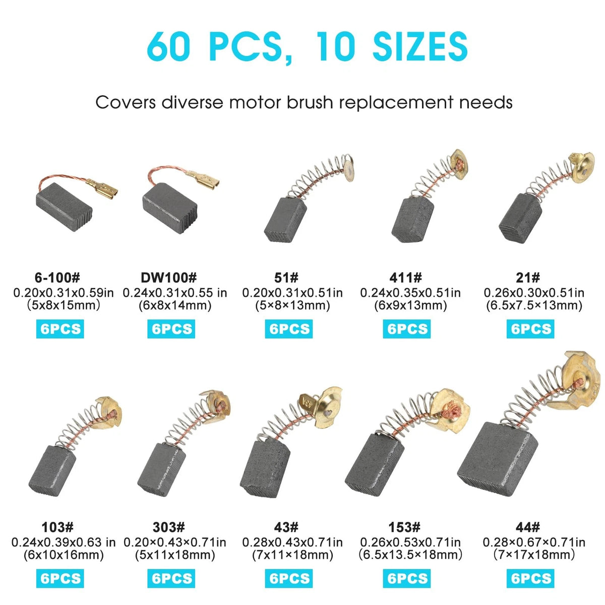 60 Pcs Electric Motor Carbon Brushes Set for Various Motors (Assorted Sizes)