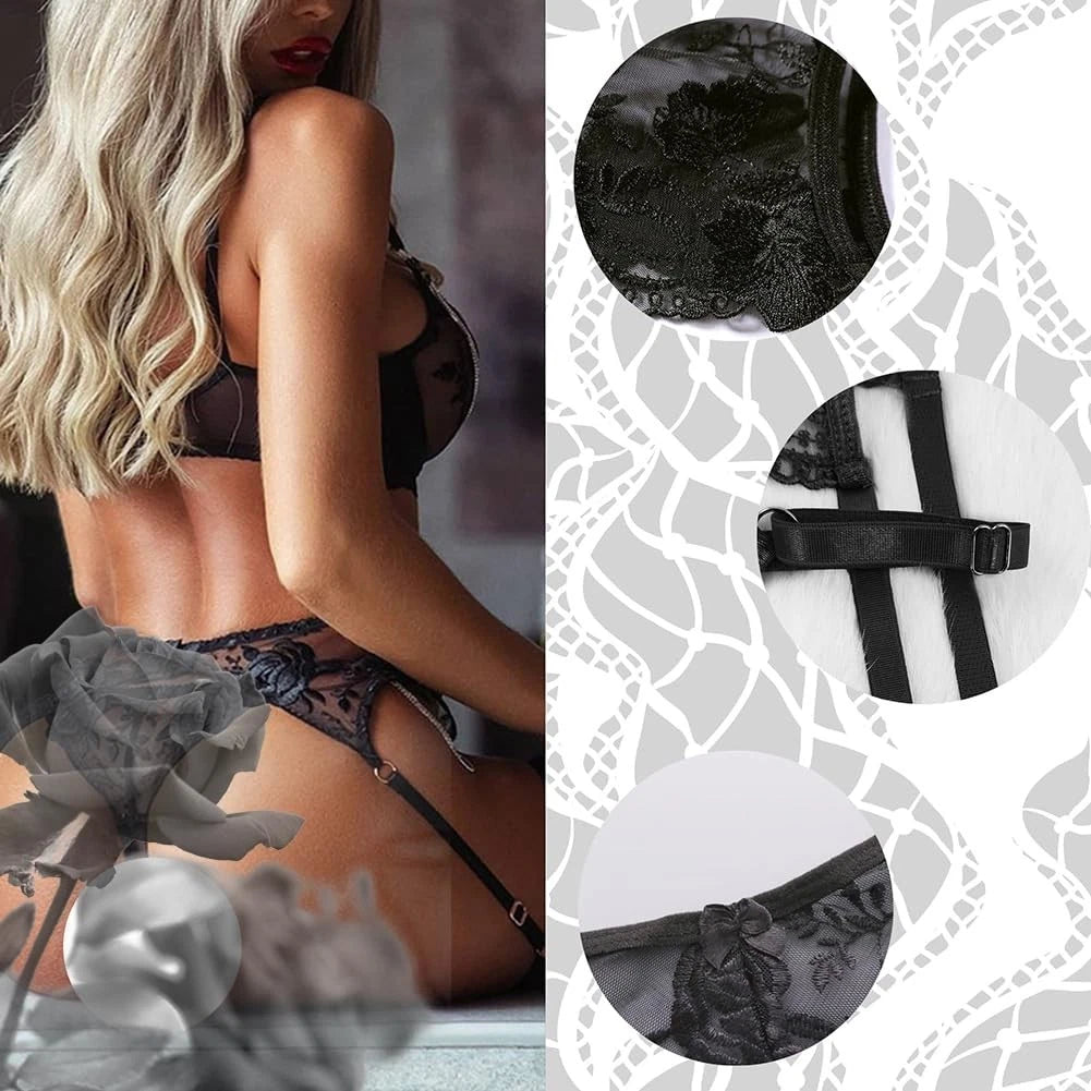 Lace Garter Belt Thong Set for Women - Black, One Size