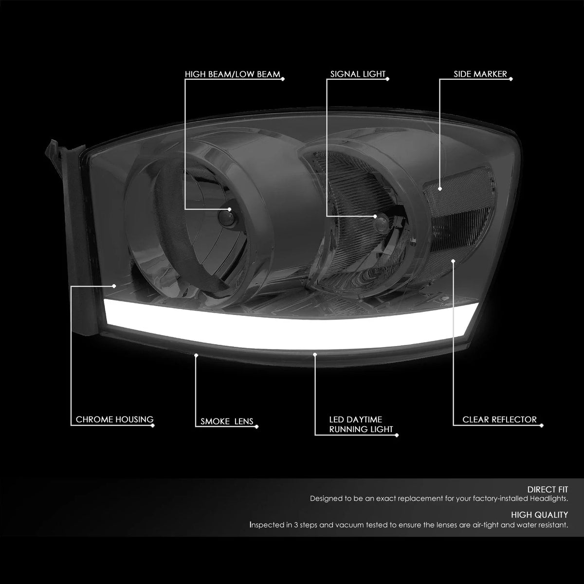LED DRL Headlight for Dodge Ram Pickup (2006–2009) Smoked Housing
