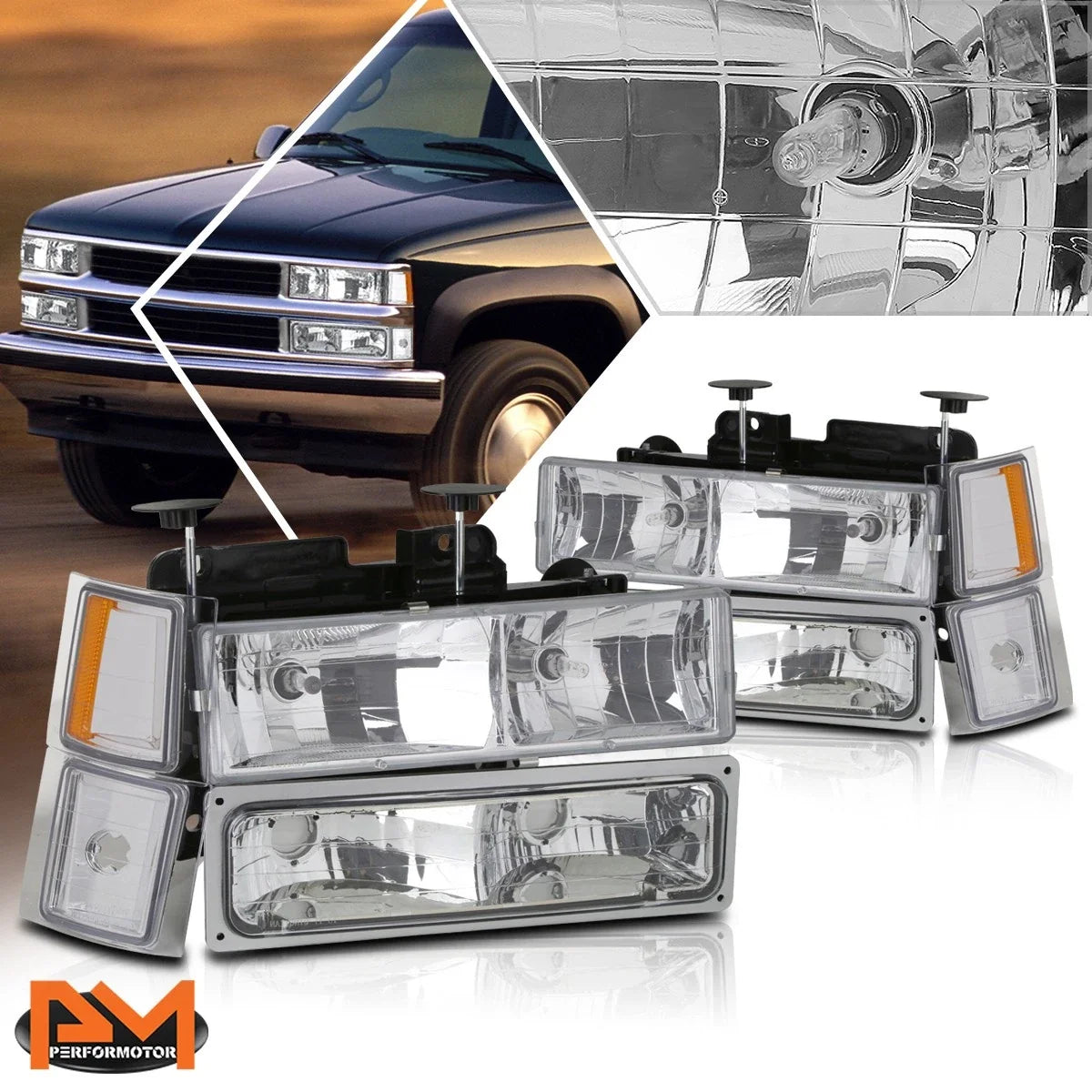 Headlight Lamps Chrome Housing Amber Corner for Chevy C/K Pickup Suburban (1994–1999)