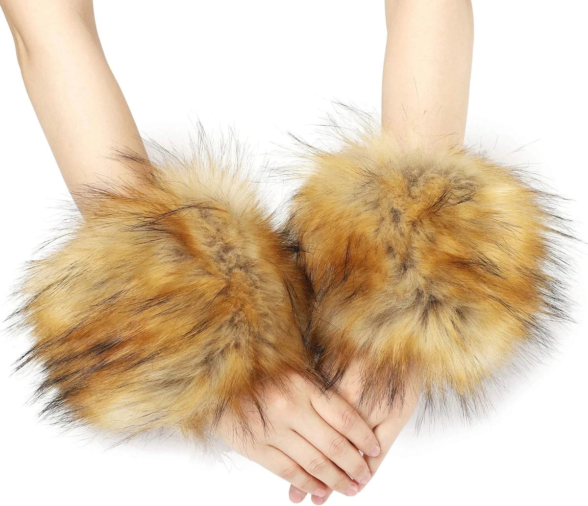 Set of 2 Women's Leopard Print Faux Fur Wrist Cuffs Arm Warmers