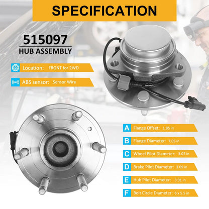 2X Front Wheel Hub & Bearing for Chevrolet Avalanche, Silverado 1500, GMC Yukon (2002–2013)