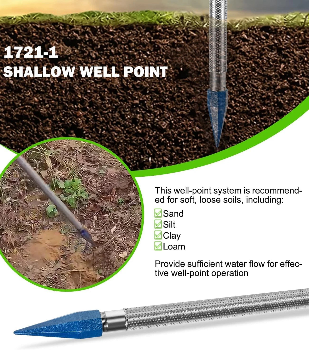 1-1/4" x 30" Well Point Stainless Steel Heavy Duty Sand Drive Points