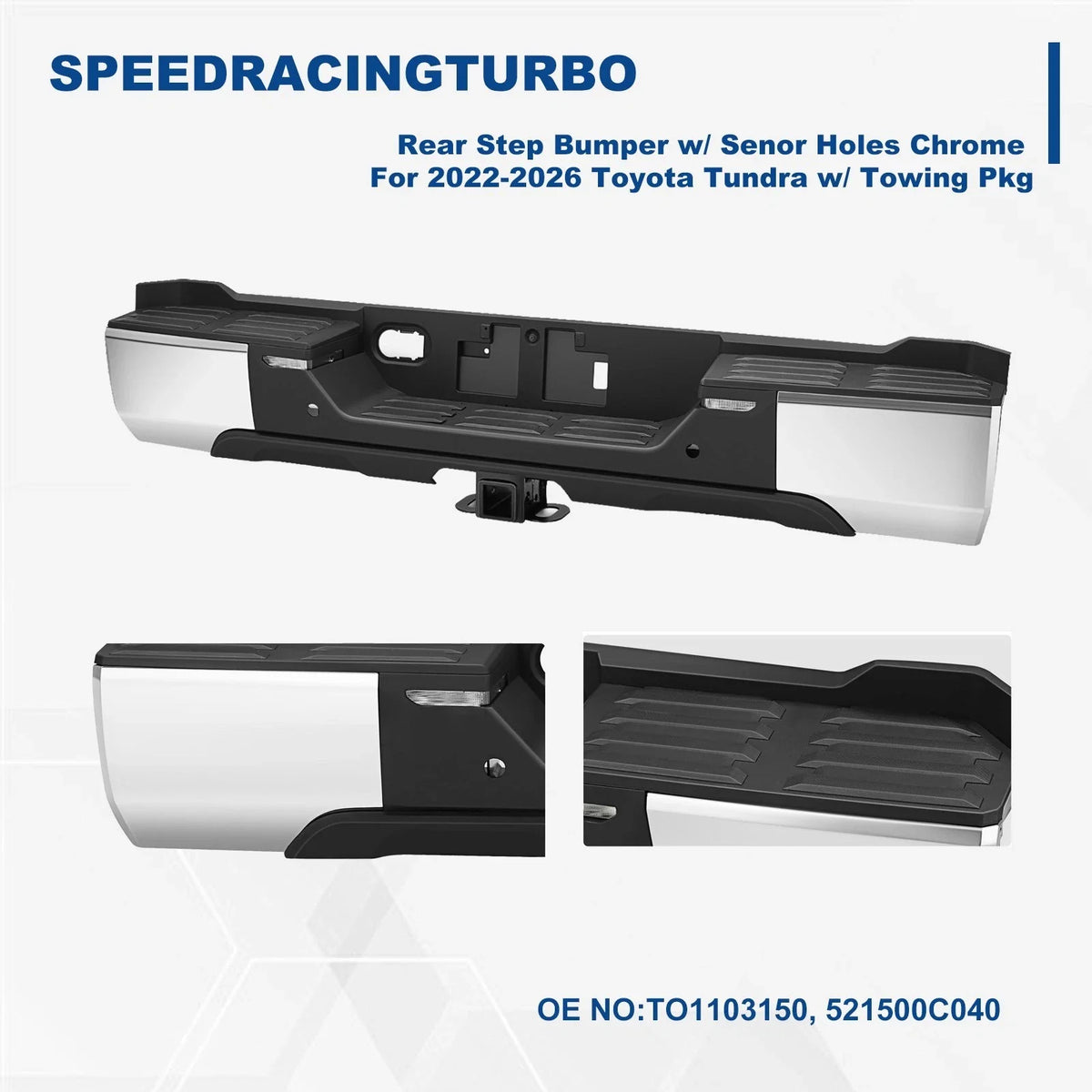 Chrome Rear Step Bumper with Sensor Holes & LED Back-Up Lamp for Toyota Tundra (2022–2026)