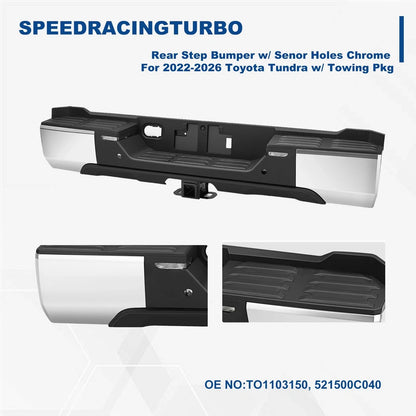 Chrome Rear Step Bumper with Sensor Holes & LED Back-Up Lamp for Toyota Tundra (2022–2026)