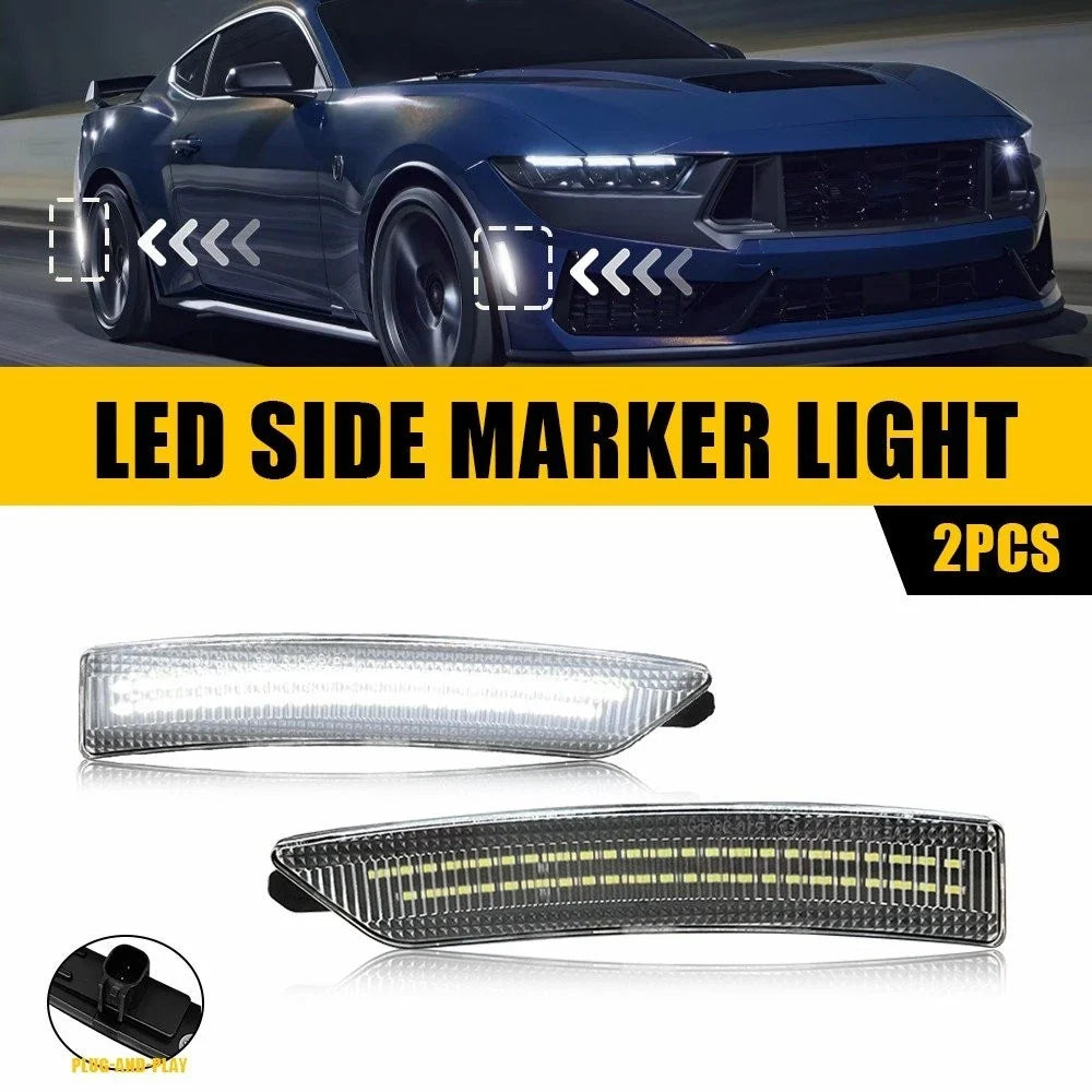 2X White LED Clear Front/Rear Side Marker Lights for Ford Mustang (2024–2025)